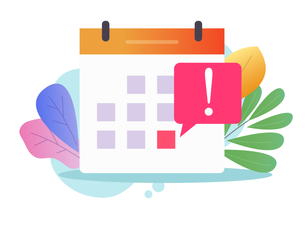 Illustrated calendar with a highlighted date and an alert symbol, surrounded by colorful leaves.