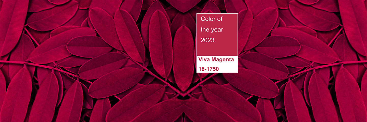 Graphic of red leaves with a label showing Pantone’s 2023 Color of the Year, Viva Magenta 18‑1750.