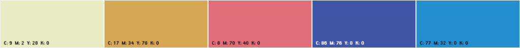 Row of five CMYK color swatches ranging from pale yellow to blue, each labeled with its CMYK values.