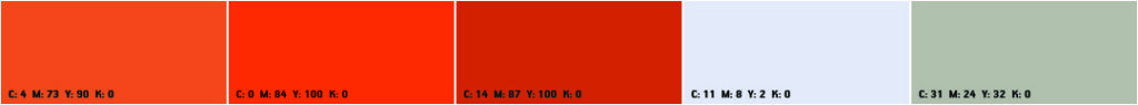 Five CMYK color swatches ranging from bright red to pale blue and muted green.