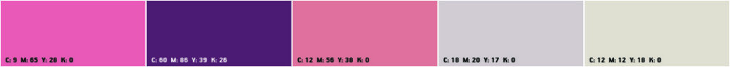 Five CMYK color swatches in shades of pink, purple, grey, and light beige.