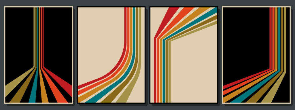 Four abstract posters featuring curved retro stripes in red, blue, gold, and green on black and beige backgrounds.
