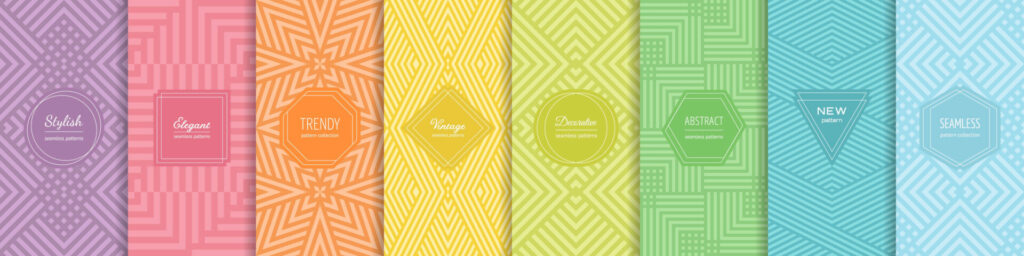 Eight vertical panels with seamless geometric patterns in purple, pink, orange, yellow, green, teal, and blue.