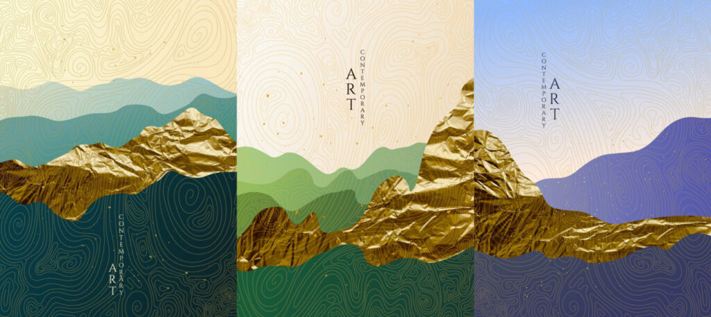 Three contemporary art panels featuring layered mountains with gold‑foil textures and topographic line patterns.