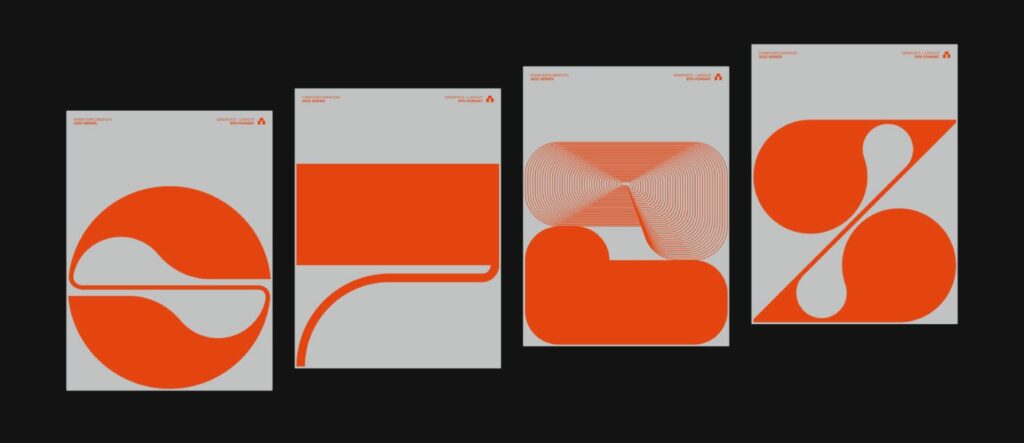 Four grey posters featuring bold orange abstract geometric shapes in a minimalist design.