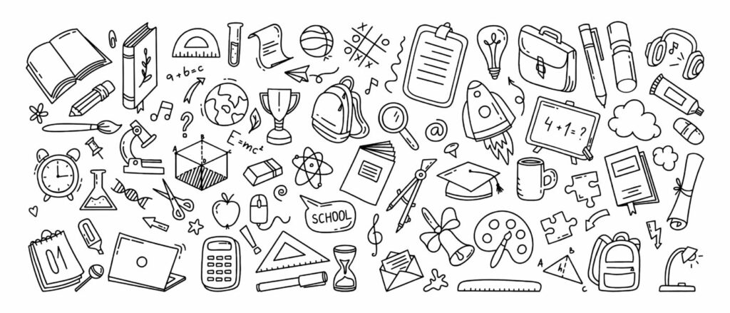 Doodle‑style school icons including books, science tools, art supplies, math symbols, backpacks, and clocks.