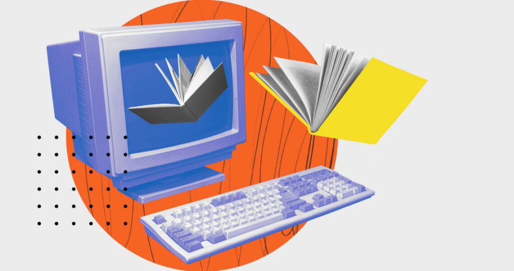 Stylized illustration of a retro computer with books popping out of the screen and floating on an orange circle background.