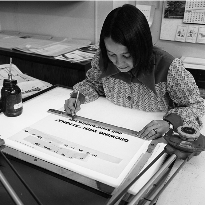 Hand-pasting lettering for signage, 1972