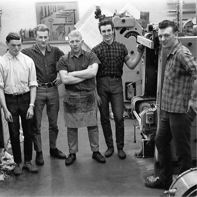 Offset Pressmen Paul Friesen, Henry Kehler, Jerry Rempel, Dick Janzen and Rod Stoesz, 1967