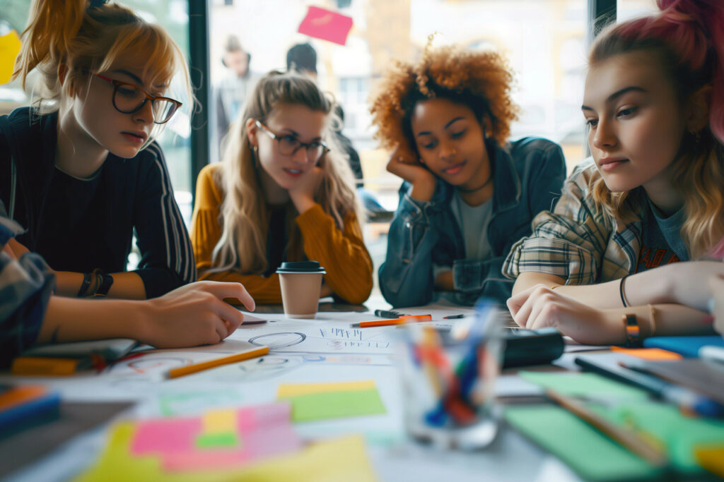 Group working together at a table covered with notes, papers, and stationery during a creative brainstorming session.