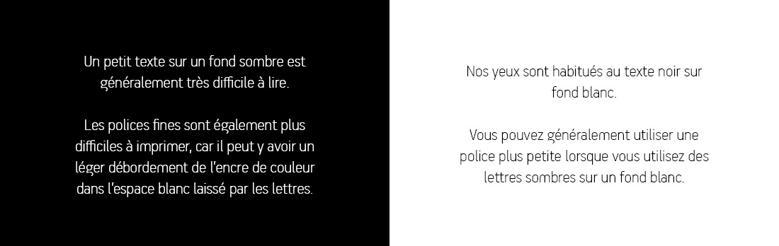 Side‑by‑side example showing white text on black versus black text on white with notes about readability.