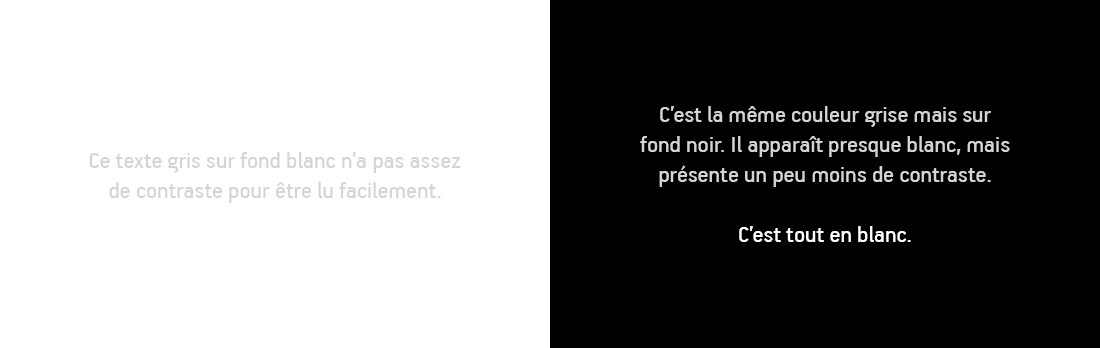 Side‑by‑side example showing grey text on white versus black backgrounds to illustrate contrast and readability differences.