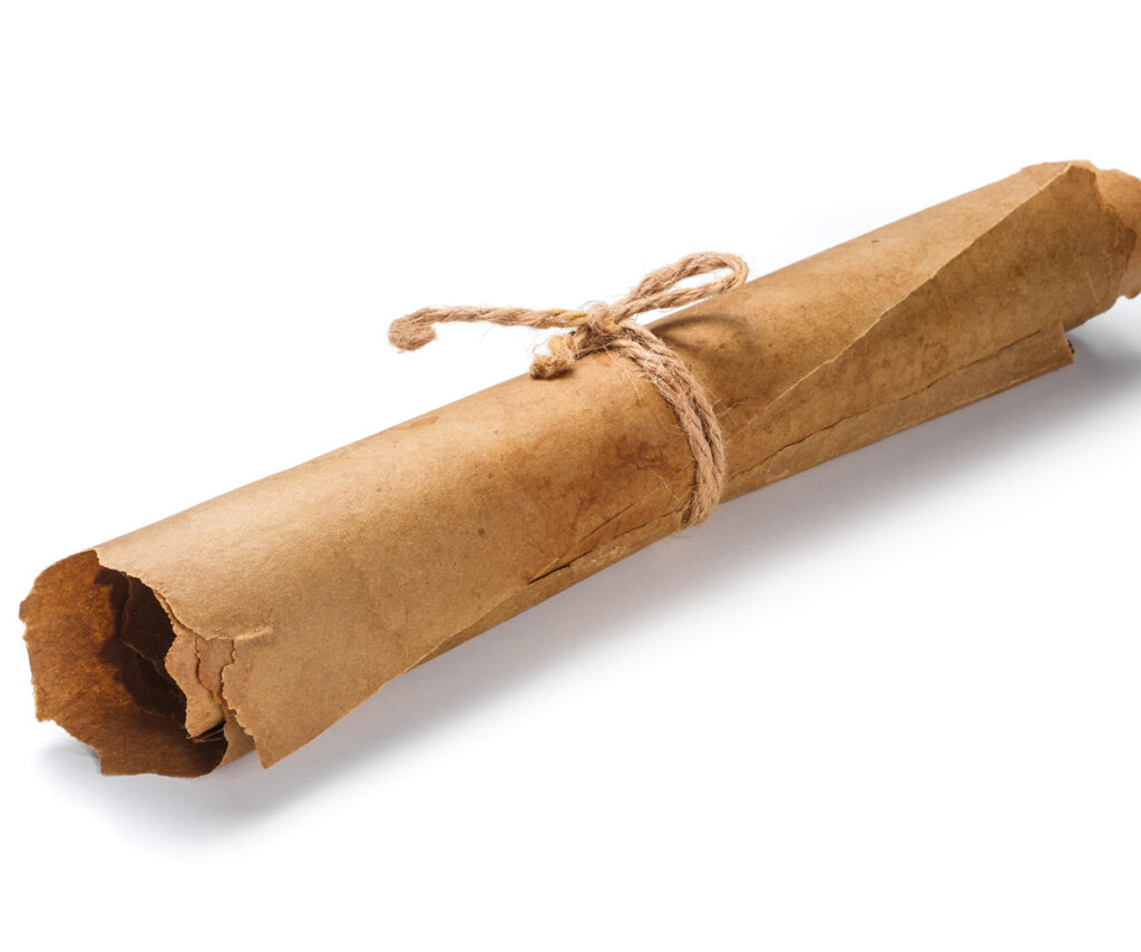 Rolled brown kraft paper tied with twine on a white background.