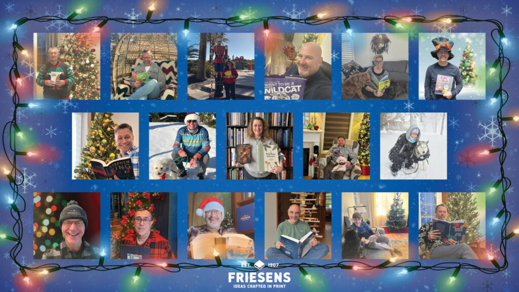 A festive collage featuring the Friesens Books Sales Team, each member in a unique holiday setting, spreading cheer and wishing everyone happy holidays.