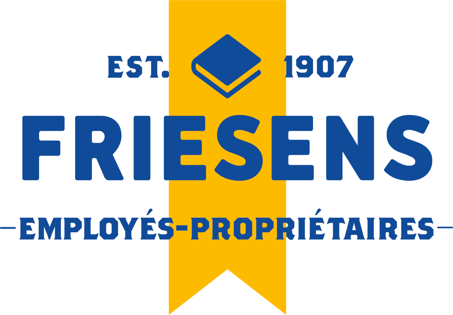 Friesens Logo, blue text and yellow banner