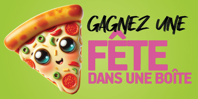A cute cartoon pizza slice beside bold text that reads “Win a Party in a Box!” on a bright green background.