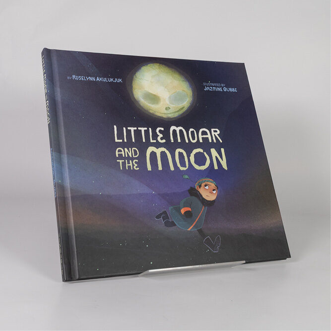 Cover of “Little Moar and the Moon” featuring an illustrated child looking up at a glowing moon in the night sky.
