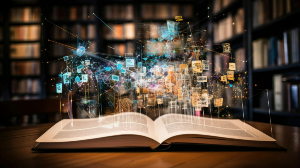 An open book on a table with colorful digital data and icons rising above it in a library setting.
