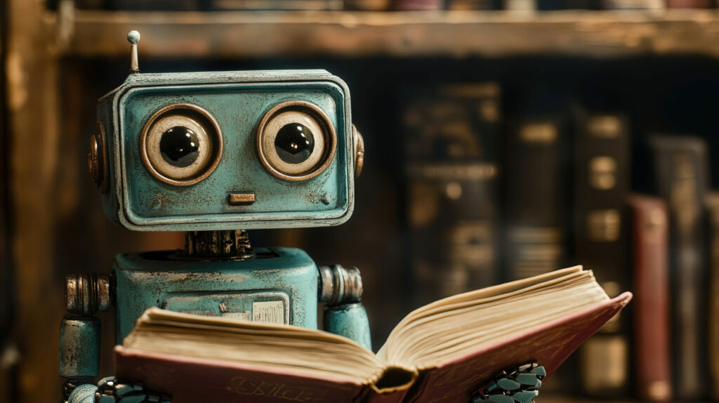 A small teal robot with large round eyes holding an open book in front of bookshelves.