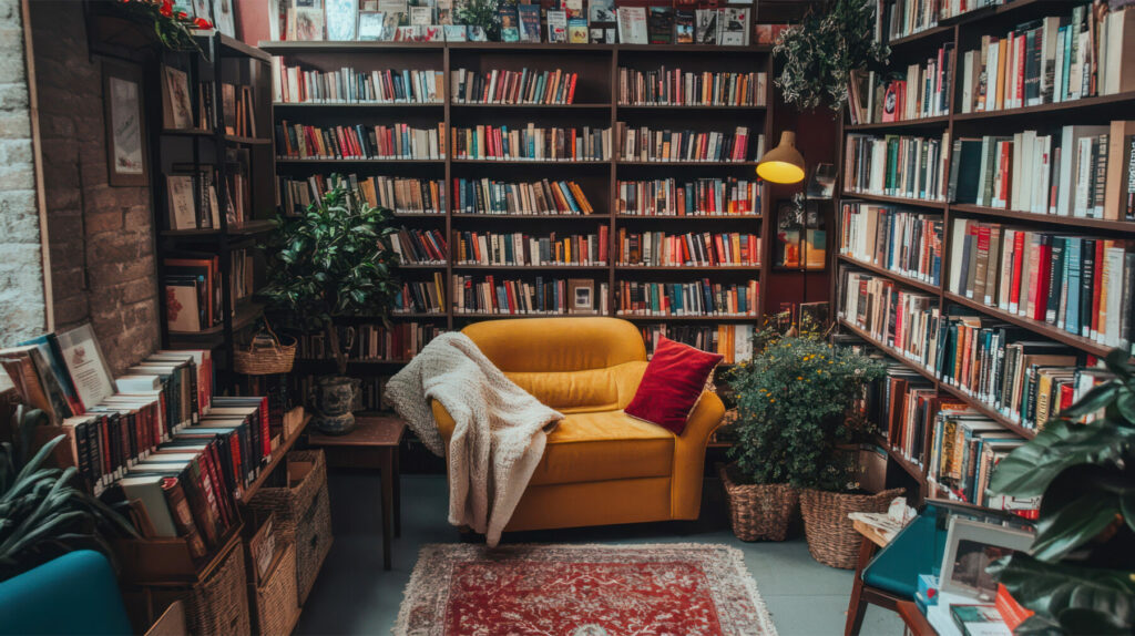 Warm library corner with a yellow armchair, bookshelves, plants, and a patterned rug.