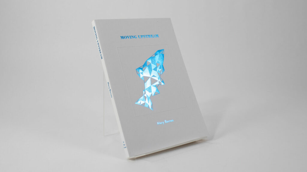 Book cover featuring a blue foil‑stamped geometric fish design on a white background