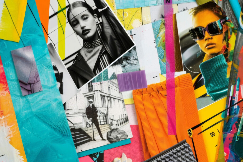 Vibrant collage of photos, textures, and printed design elements arranged in a creative layout.