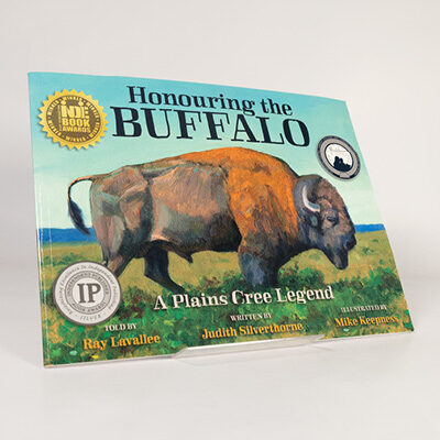Illustrated book cover of Honouring the Buffalo featuring a buffalo standing in a grassy plains landscape