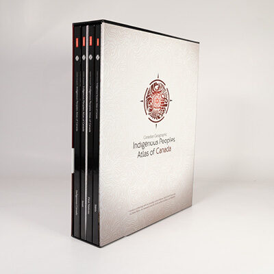 Boxed set of the Indigenous Peoples Atlas of Canada with four visible spine volumes