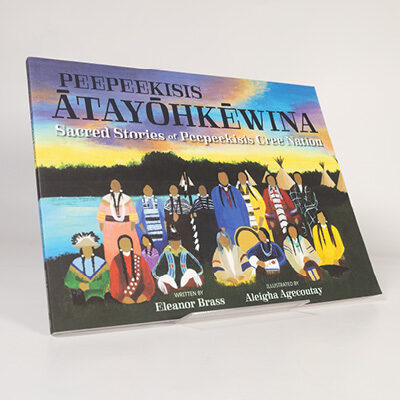 Illustrated book cover of Peepeekisis Ātayôhkêwina showing a group of people in traditional clothing by a lake at sunset