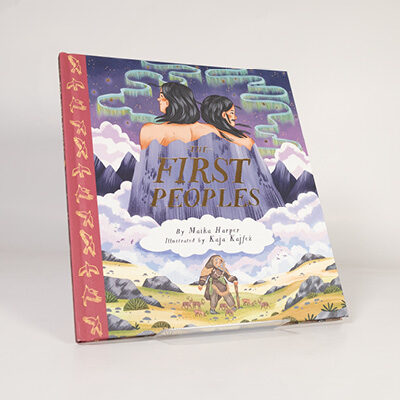 Illustrated book cover showing two figures on a mountain with northern lights and a person walking in a valley below