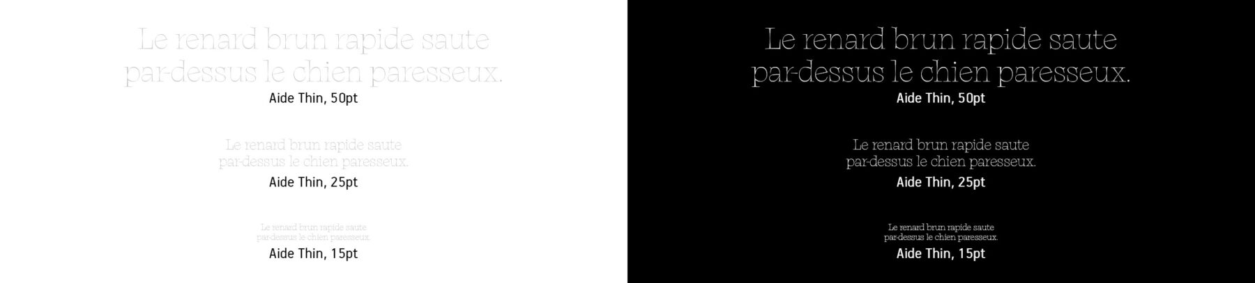 Samples of Aide Thin font in 50pt, 25pt, and 15pt shown on white and black backgrounds.