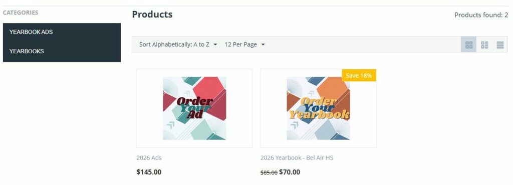 Screenshot of an online store showing yearbook ads and a discounted 2026 yearbook.