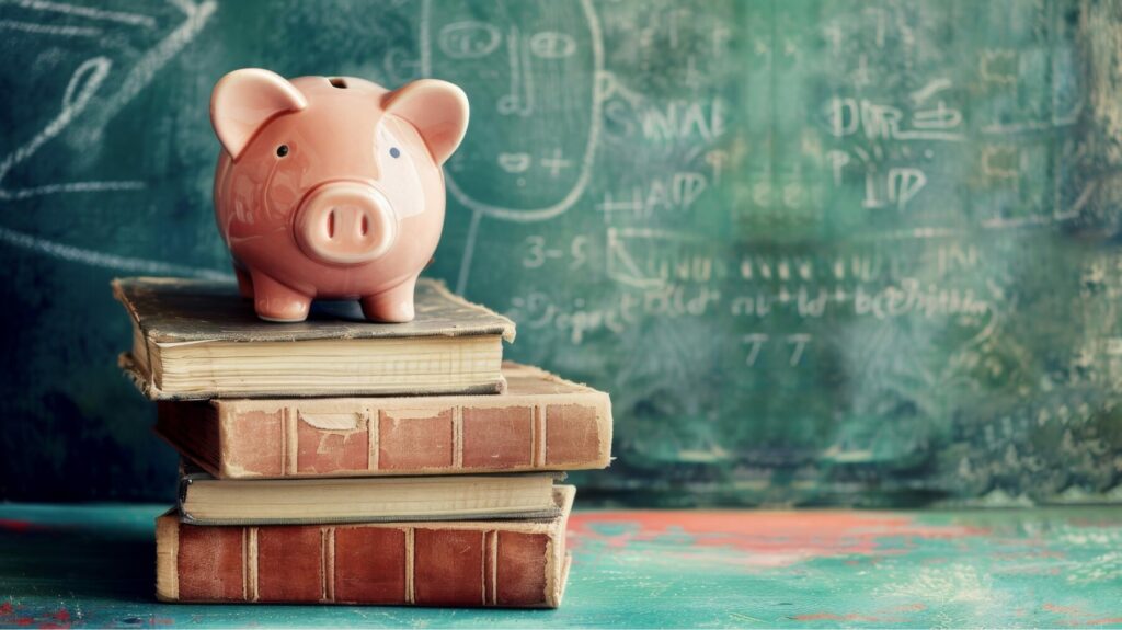 Pink piggy bank sitting on top of old books in front of a chalkboard with doodles and equations.