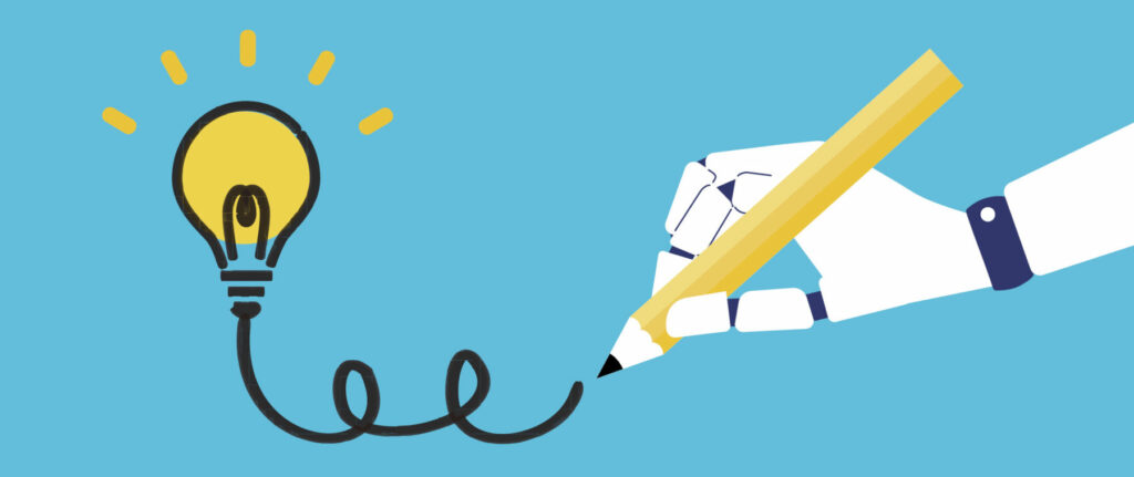 Robot hand drawing a lightbulb with a pencil, symbolizing AI‑driven creative ideas.