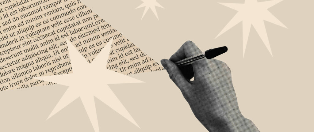 Hand holding a pen writes text within an abstract design featuring star shapes.