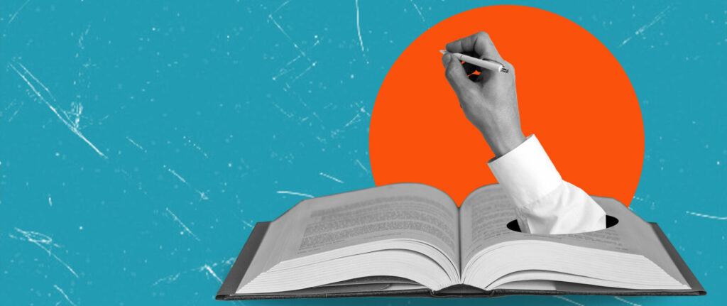 Hand holding a pen rising from an open book with a bold orange circle and blue background.