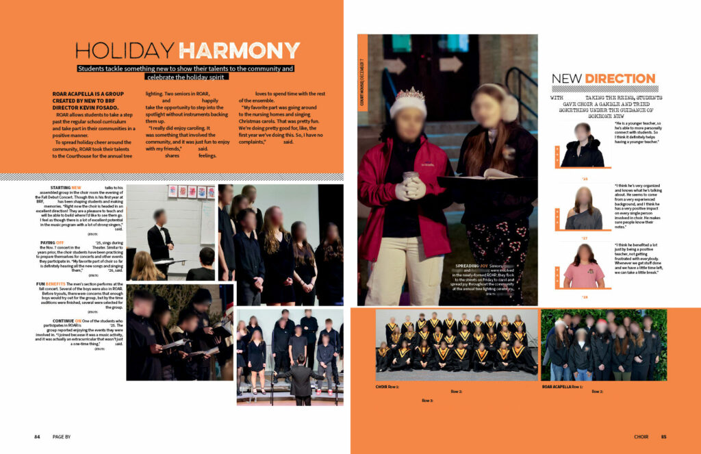 Yearbook spread showing choir performances, holiday event photos, and group images with text sections.