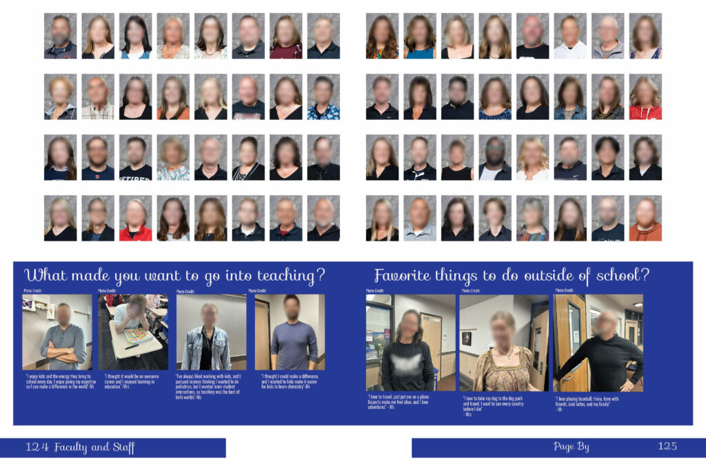 Yearbook spread featuring faculty and staff portraits with sections highlighting teacher questions and personal interests.