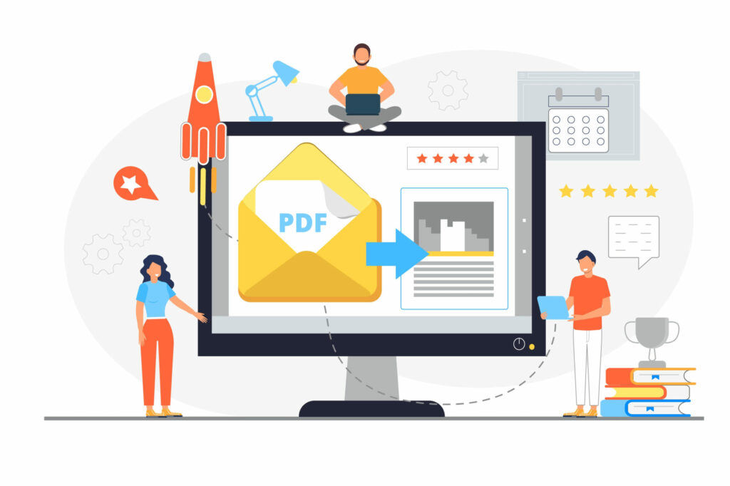 Illustration of people working on a computer screen showing a PDF envelope and document transfer icons.