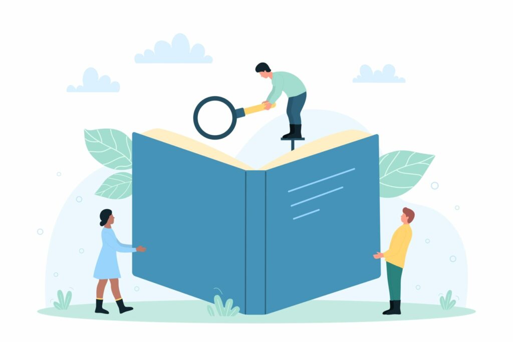 People interacting with a giant open book, including one using a magnifying glass to examine the pages.