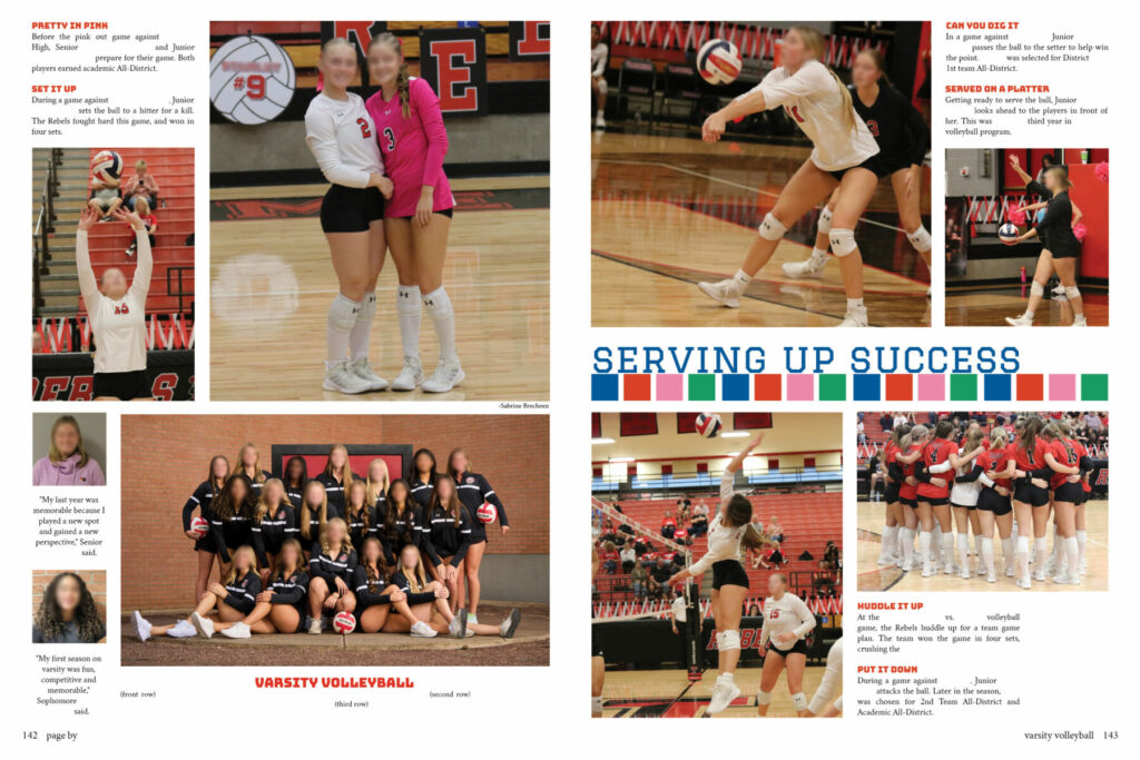 Yearbook spread featuring varsity volleyball action shots, team photos, captions, and highlights from the season.