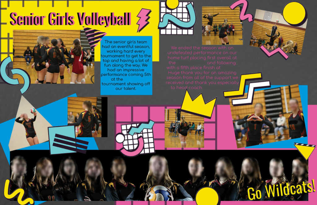 Yearbook spread featuring senior girls volleyball photos, game highlights, team action shots, and bold graphic elements with “Go Wildcats!”
