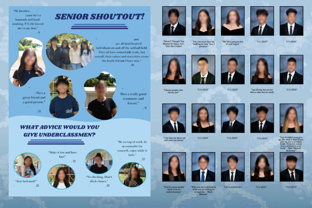 Yearbook spread featuring senior shoutouts, advice for underclassmen, and senior portraits arranged in a grid layout.