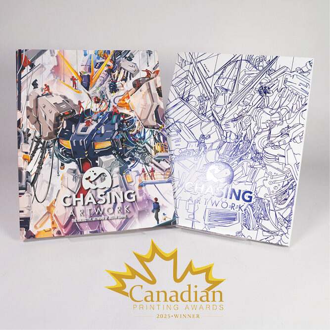 Two editions of the Chasing Artwork book—one in full color and one in line-art style—standing side by side with a gold Canadian Printing Awards 2025 Winner emblem below them.