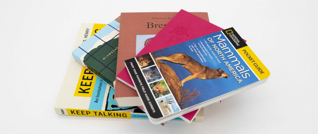 A small pile of soft cover books in various sizes and colors fanned outon a white surface.