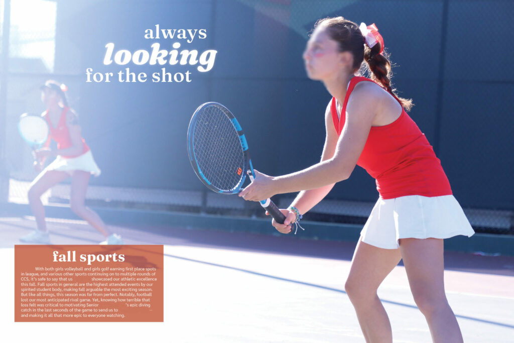 Yearbook section divider featuring a tennis player preparing for a shot on the court, with another player in the background and the headline “always looking for the shot,” along with a fall sports caption box.