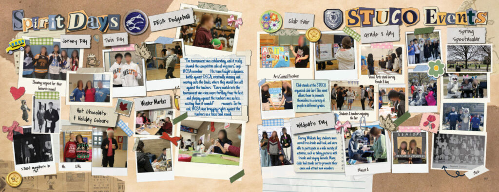 A colorful two‑page yearbook layout featuring photos, captions, and stickers documenting school spirit days, club activities, arts events, and student council happenings throughout the year.