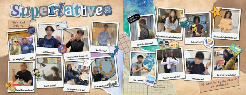 Yearbook superlatives spread featuring themed polaroid‑style photos with captions such as “Best cringey shirt,” “Start a travel vlog,” “Break a world record,” and “Get ID’d after 30,” arranged on a colorful illustrated background across two pages.