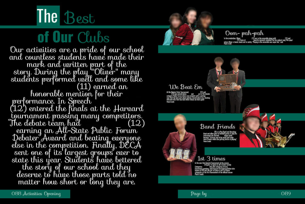 Two-page spread showcasing highlights from high school clubs