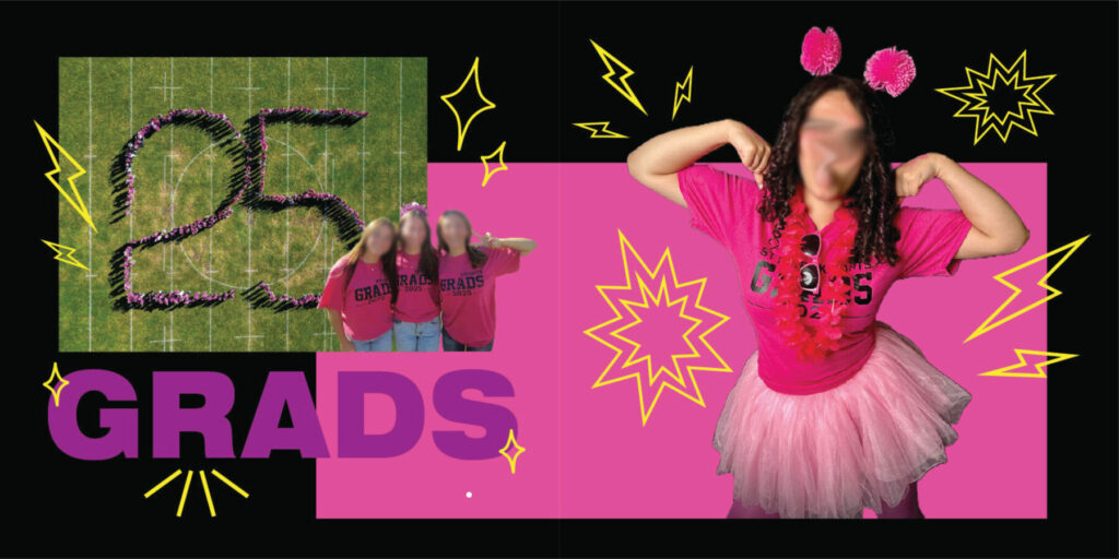 The number 25 spelled out with people, girl in pink tutu flexing